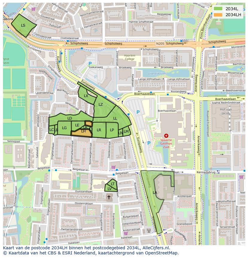 Afbeelding van het postcodegebied 2034 LH op de kaart.