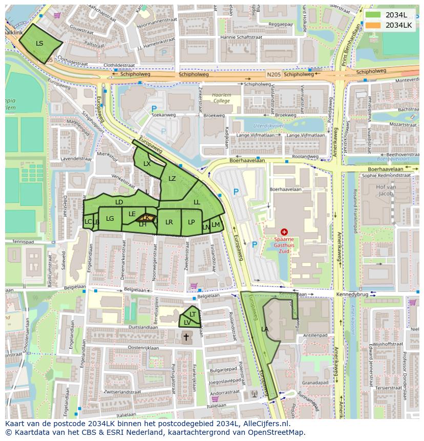 Afbeelding van het postcodegebied 2034 LK op de kaart.