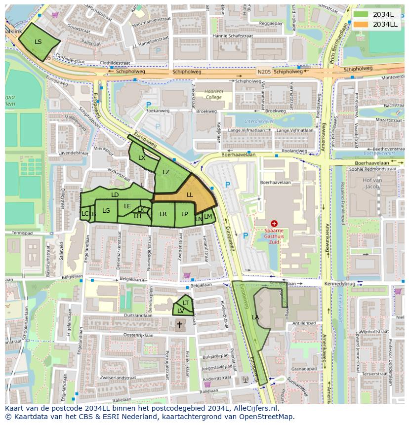 Afbeelding van het postcodegebied 2034 LL op de kaart.