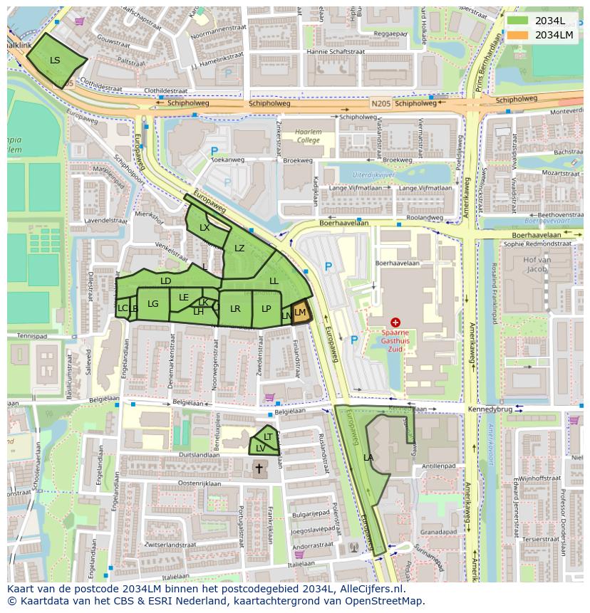 Afbeelding van het postcodegebied 2034 LM op de kaart.
