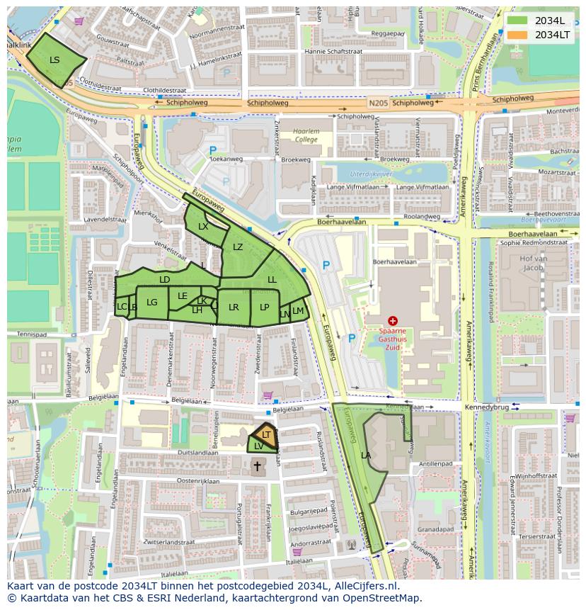 Afbeelding van het postcodegebied 2034 LT op de kaart.