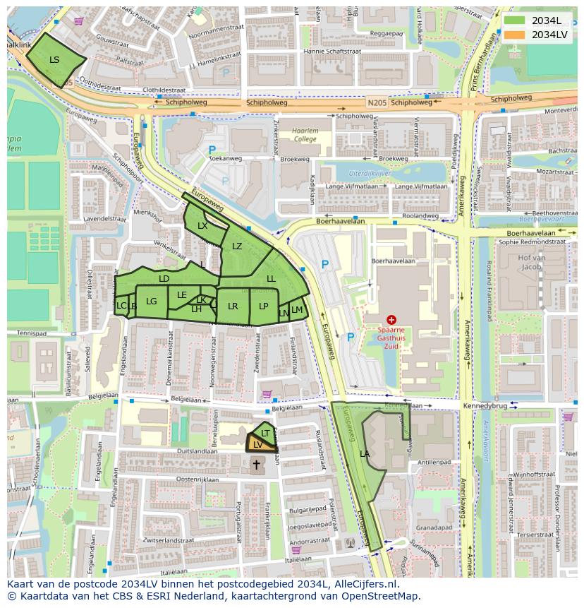 Afbeelding van het postcodegebied 2034 LV op de kaart.