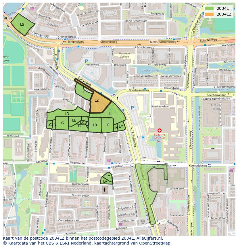 Afbeelding van het postcodegebied 2034 LZ op de kaart.