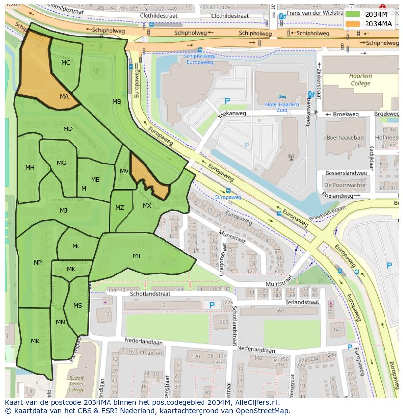 Afbeelding van het postcodegebied 2034 MA op de kaart.
