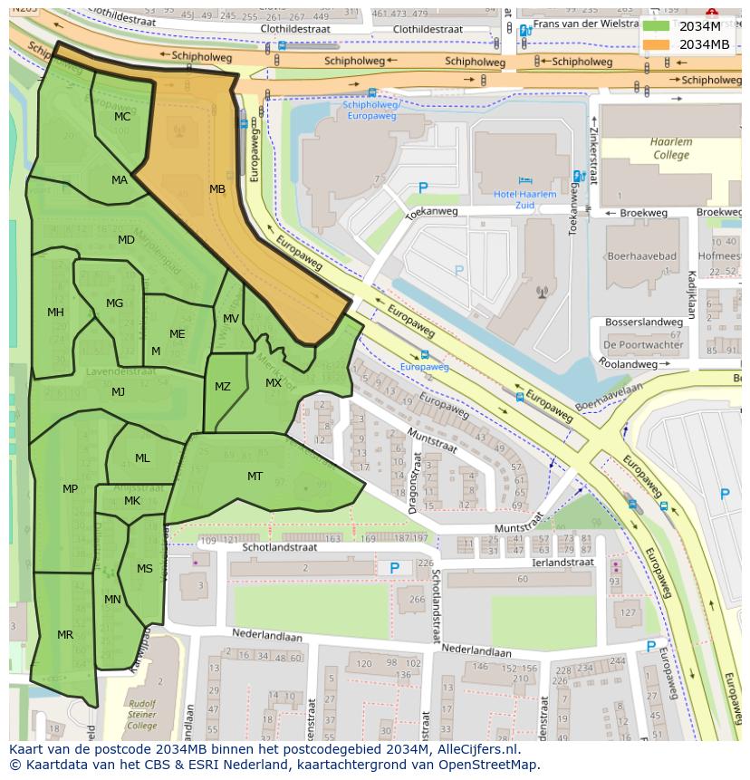 Afbeelding van het postcodegebied 2034 MB op de kaart.