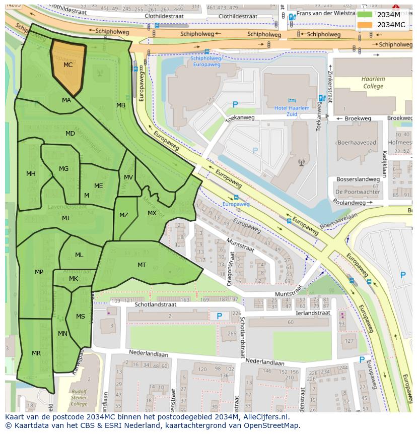 Afbeelding van het postcodegebied 2034 MC op de kaart.