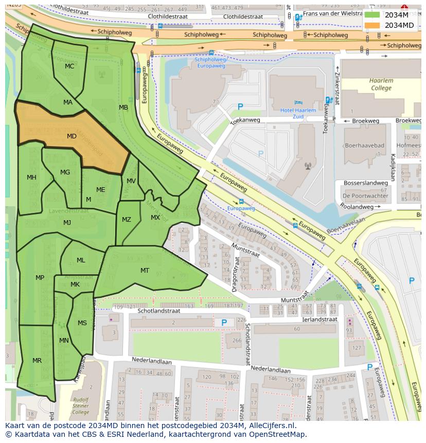 Afbeelding van het postcodegebied 2034 MD op de kaart.