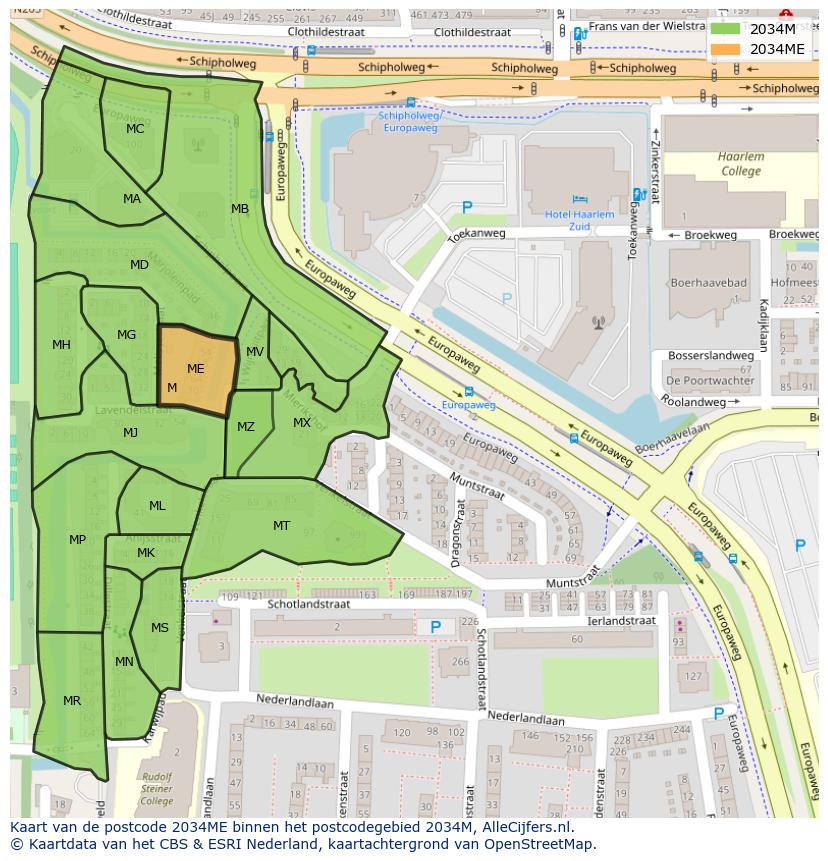 Afbeelding van het postcodegebied 2034 ME op de kaart.