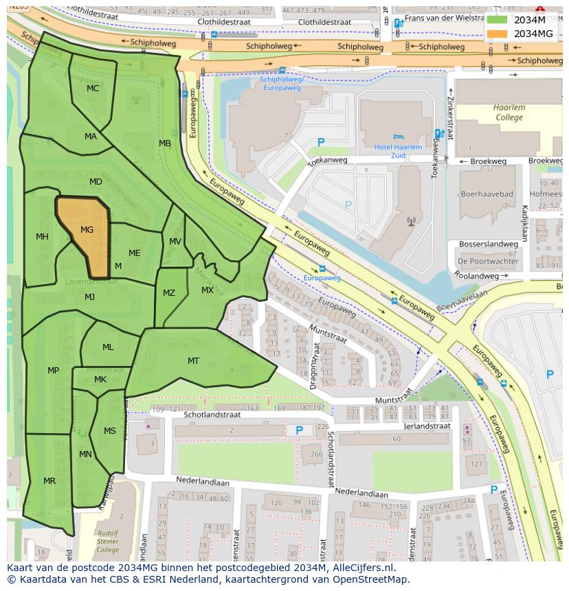 Afbeelding van het postcodegebied 2034 MG op de kaart.