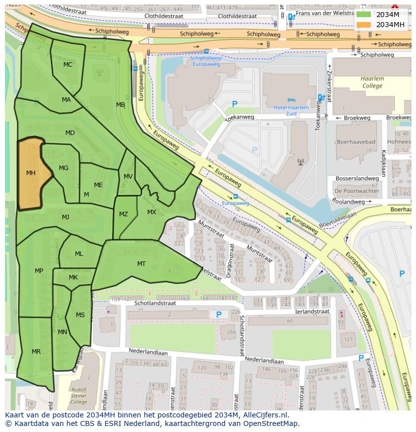 Afbeelding van het postcodegebied 2034 MH op de kaart.
