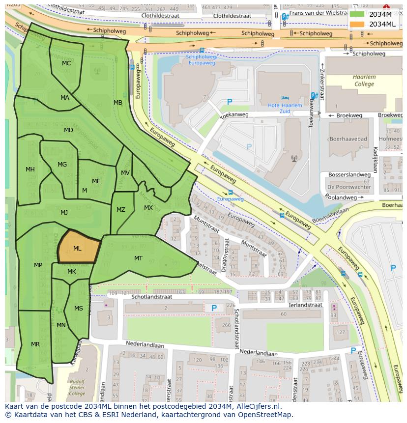 Afbeelding van het postcodegebied 2034 ML op de kaart.