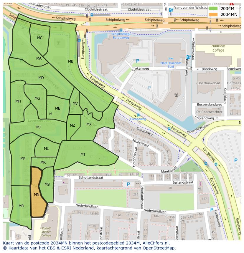Afbeelding van het postcodegebied 2034 MN op de kaart.