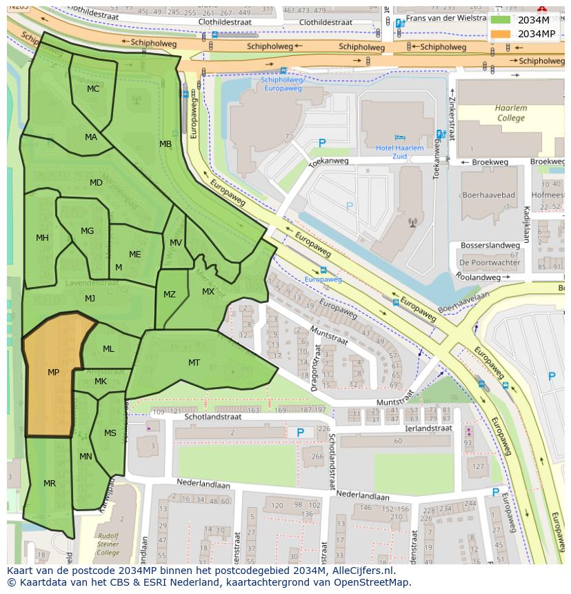 Afbeelding van het postcodegebied 2034 MP op de kaart.
