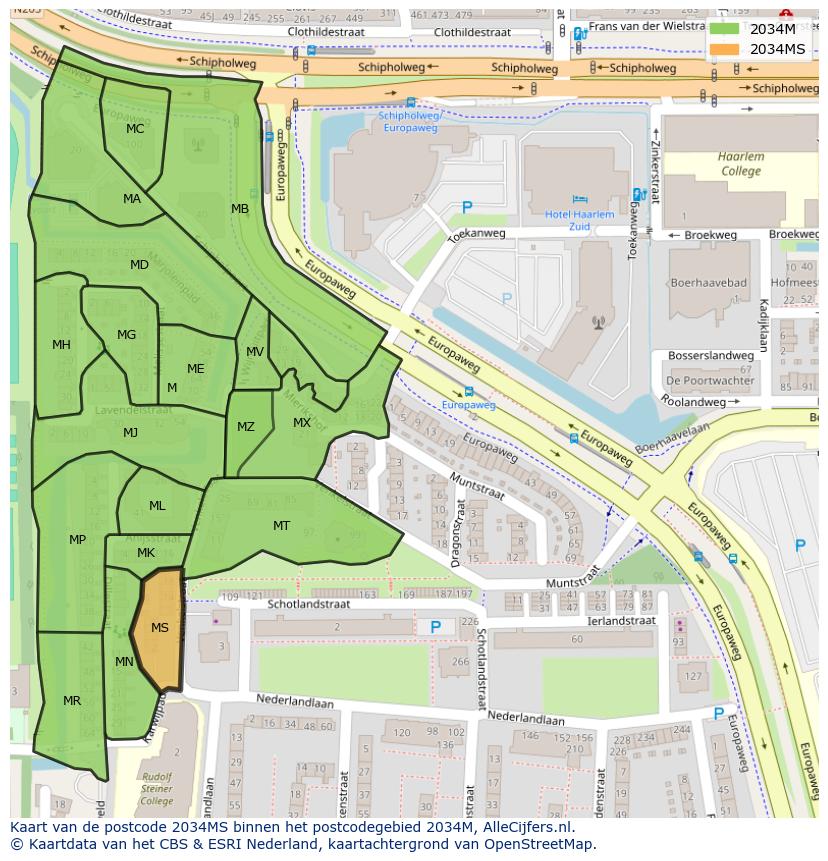 Afbeelding van het postcodegebied 2034 MS op de kaart.