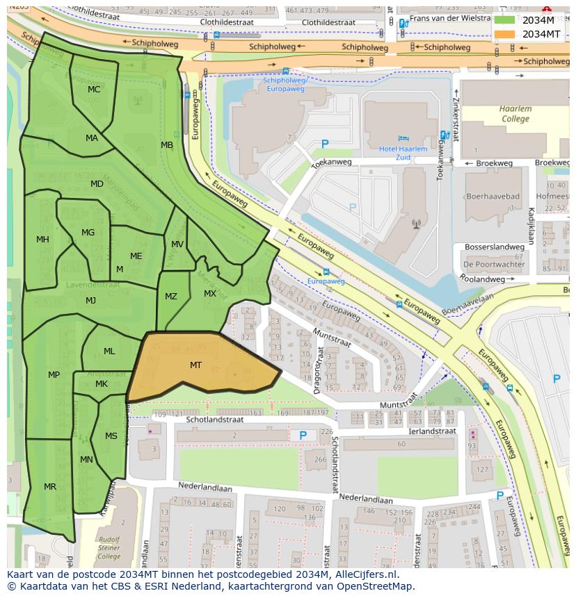 Afbeelding van het postcodegebied 2034 MT op de kaart.