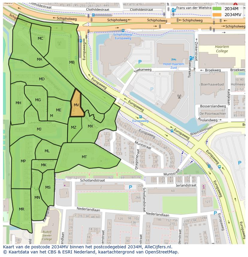 Afbeelding van het postcodegebied 2034 MV op de kaart.