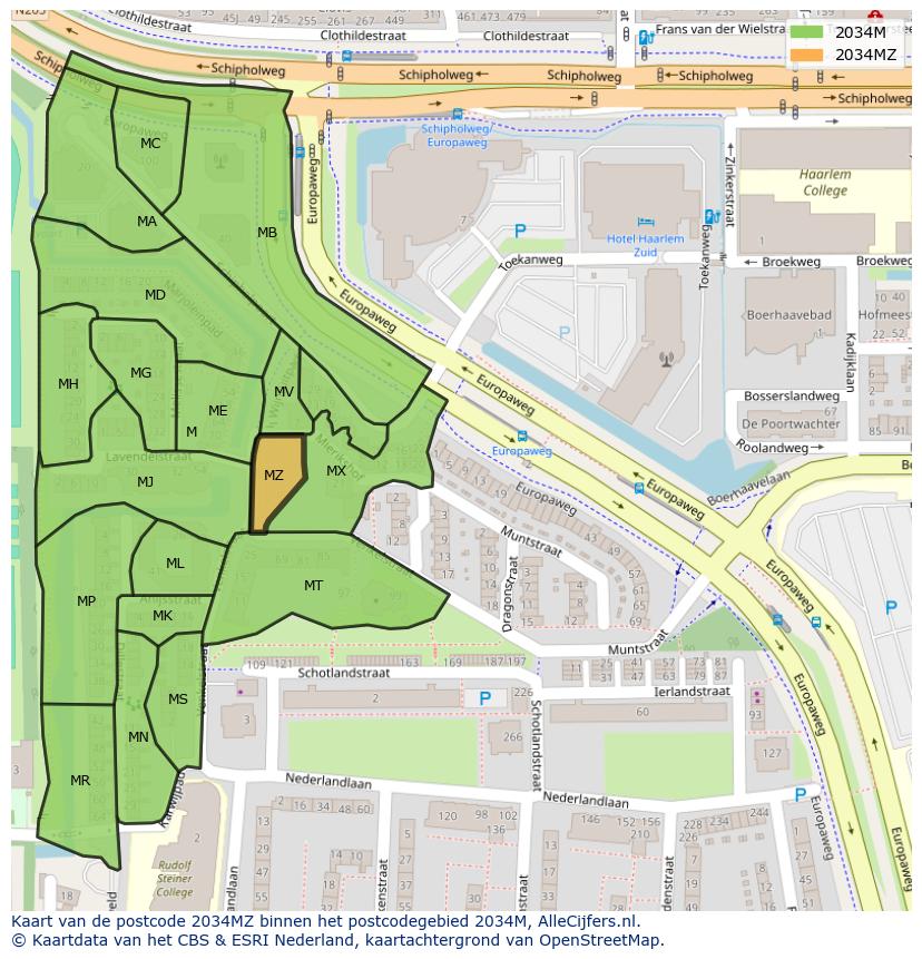 Afbeelding van het postcodegebied 2034 MZ op de kaart.