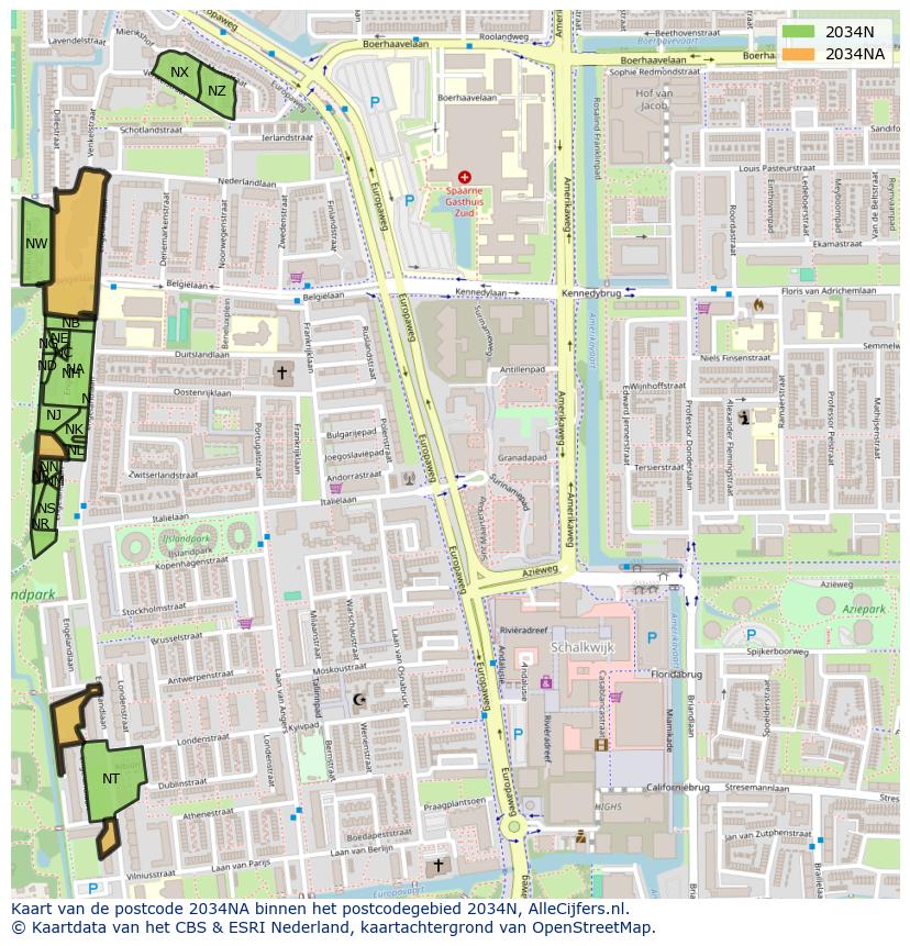Afbeelding van het postcodegebied 2034 NA op de kaart.