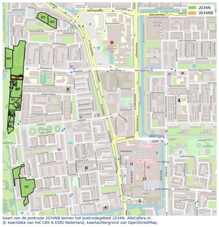 Afbeelding van het postcodegebied 2034 NB op de kaart.