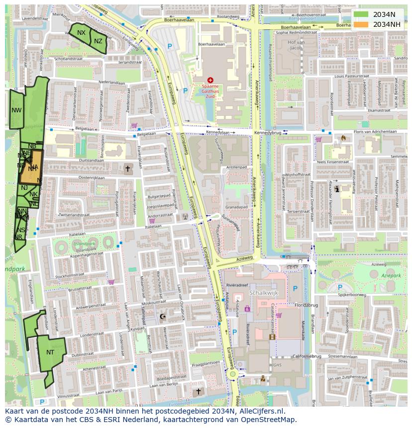 Afbeelding van het postcodegebied 2034 NH op de kaart.
