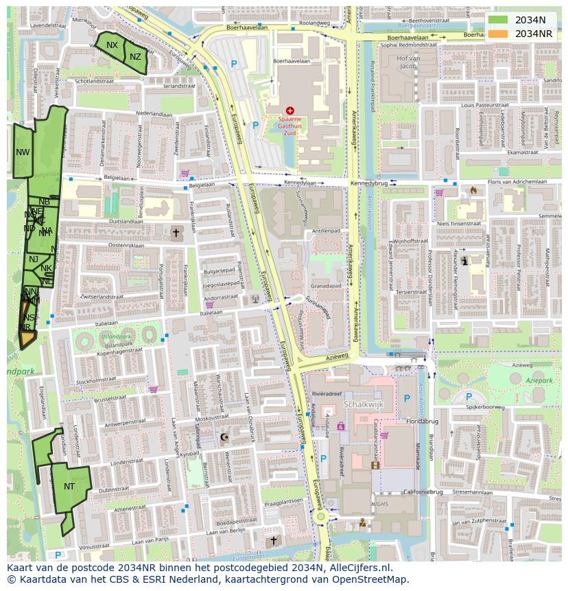 Afbeelding van het postcodegebied 2034 NR op de kaart.