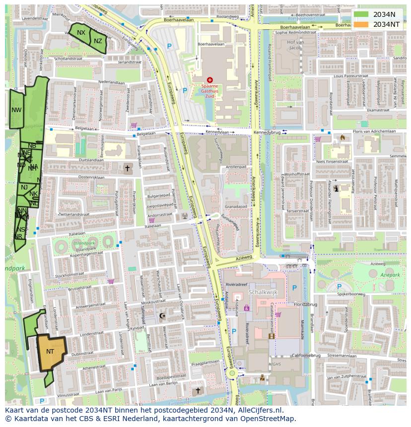 Afbeelding van het postcodegebied 2034 NT op de kaart.