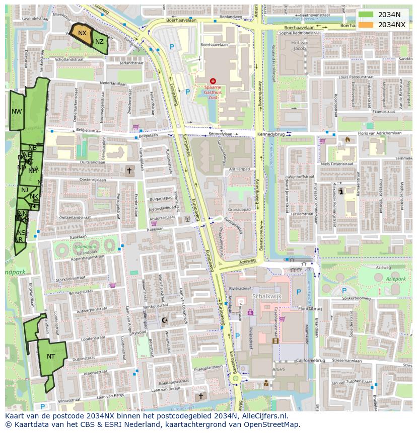 Afbeelding van het postcodegebied 2034 NX op de kaart.