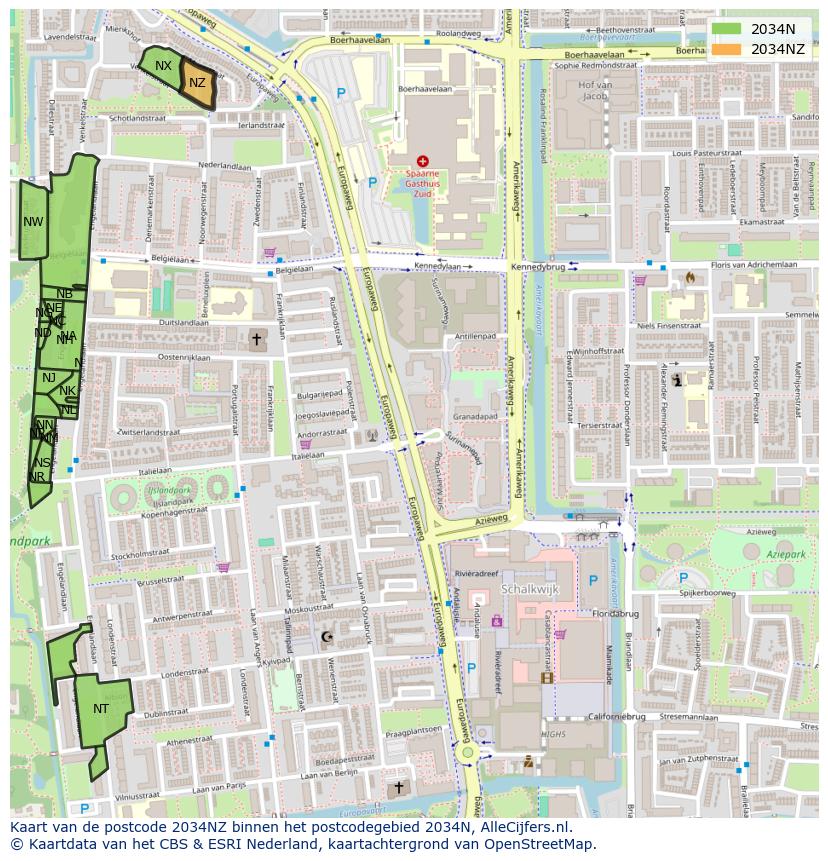 Afbeelding van het postcodegebied 2034 NZ op de kaart.