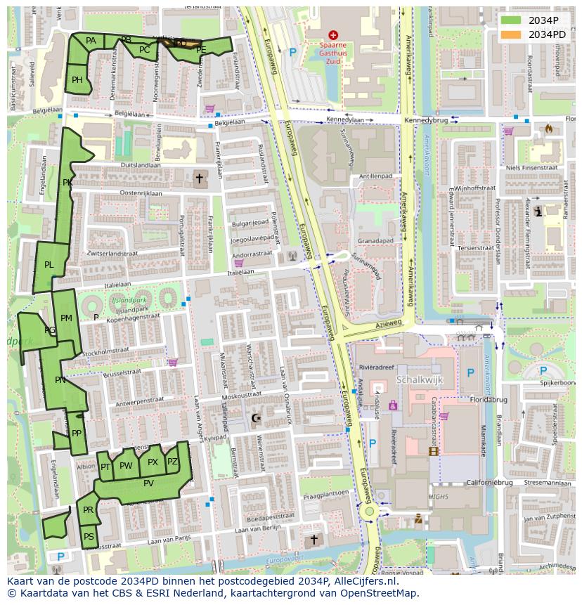 Afbeelding van het postcodegebied 2034 PD op de kaart.