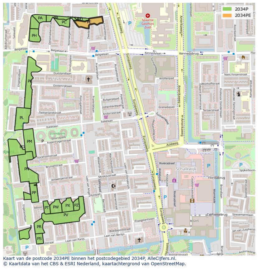 Afbeelding van het postcodegebied 2034 PE op de kaart.