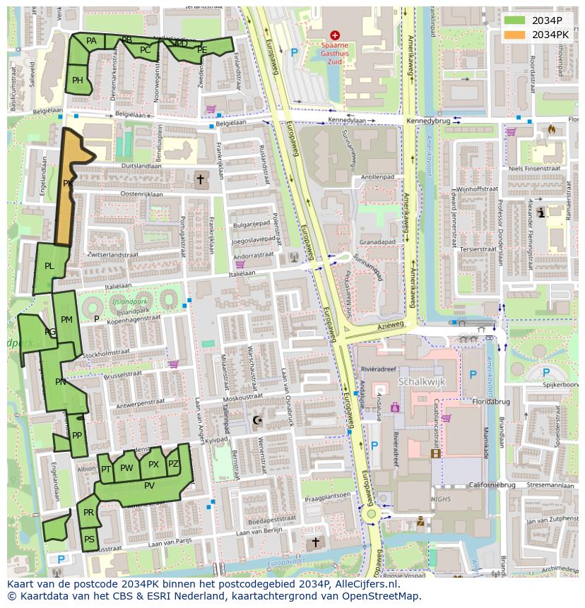 Afbeelding van het postcodegebied 2034 PK op de kaart.