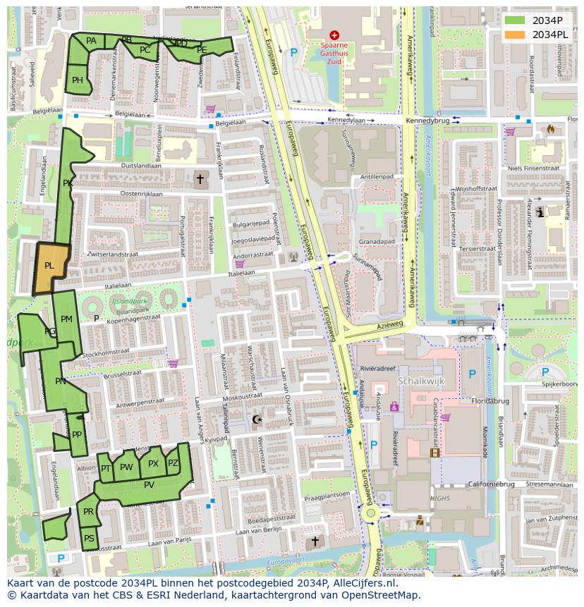 Afbeelding van het postcodegebied 2034 PL op de kaart.