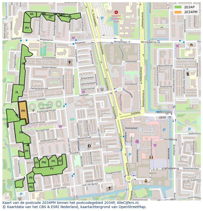 Afbeelding van het postcodegebied 2034 PM op de kaart.