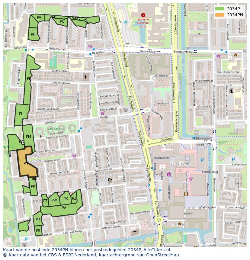 Afbeelding van het postcodegebied 2034 PN op de kaart.