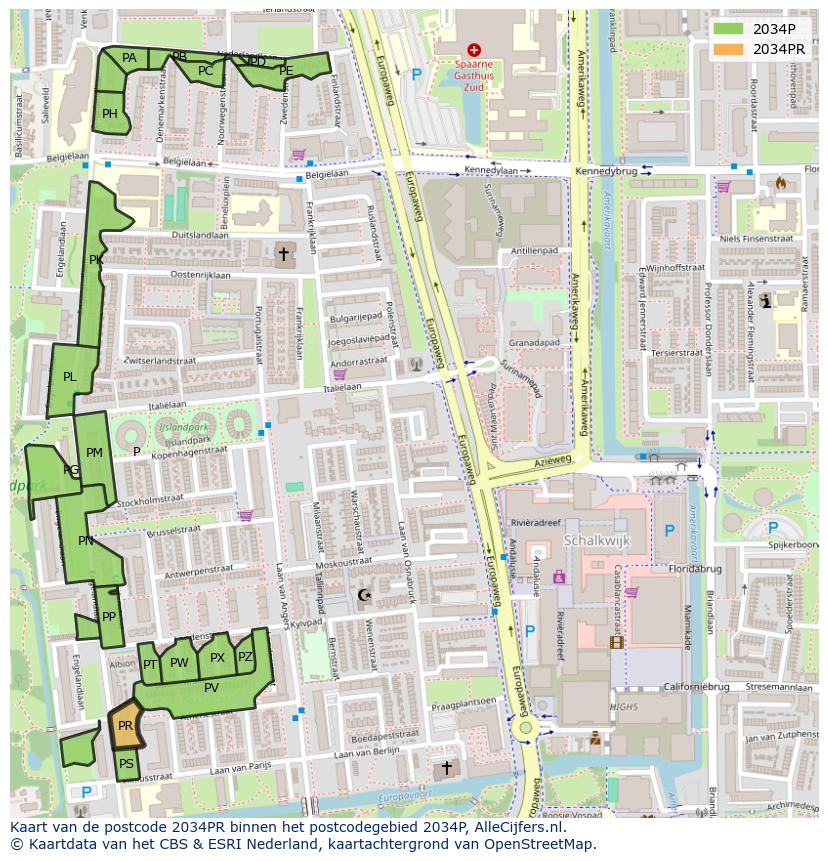 Afbeelding van het postcodegebied 2034 PR op de kaart.