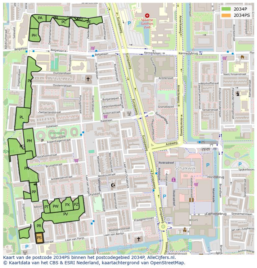 Afbeelding van het postcodegebied 2034 PS op de kaart.