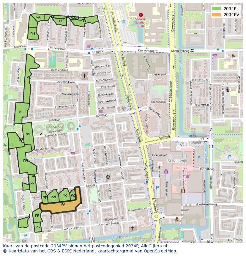 Afbeelding van het postcodegebied 2034 PV op de kaart.