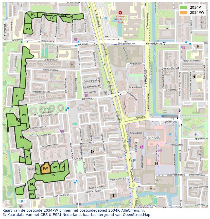 Afbeelding van het postcodegebied 2034 PW op de kaart.