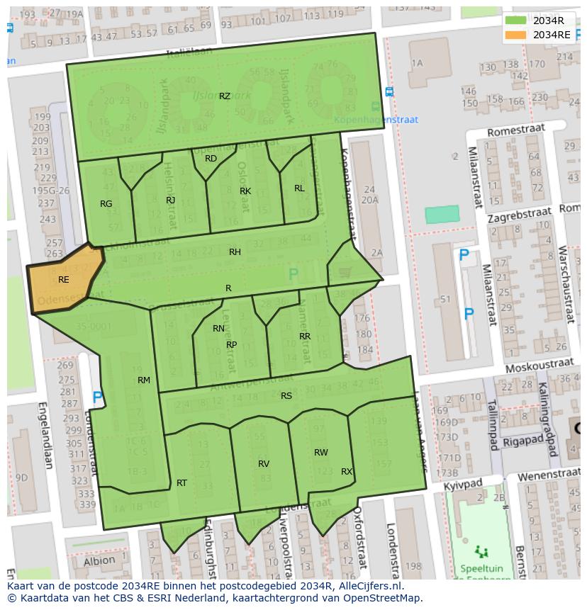 Afbeelding van het postcodegebied 2034 RE op de kaart.