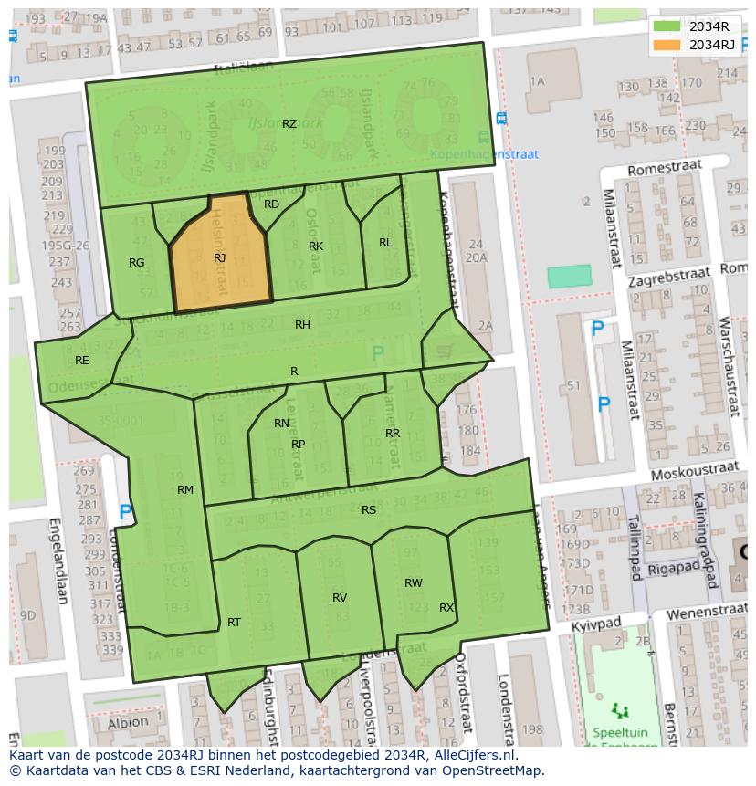 Afbeelding van het postcodegebied 2034 RJ op de kaart.