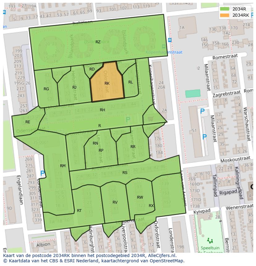 Afbeelding van het postcodegebied 2034 RK op de kaart.
