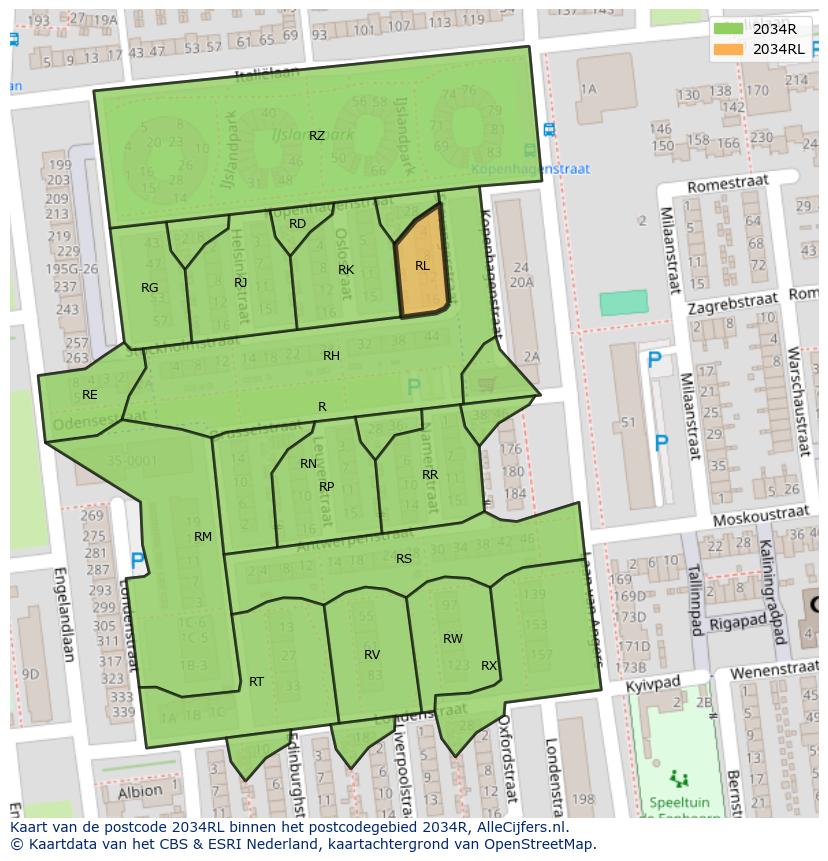 Afbeelding van het postcodegebied 2034 RL op de kaart.