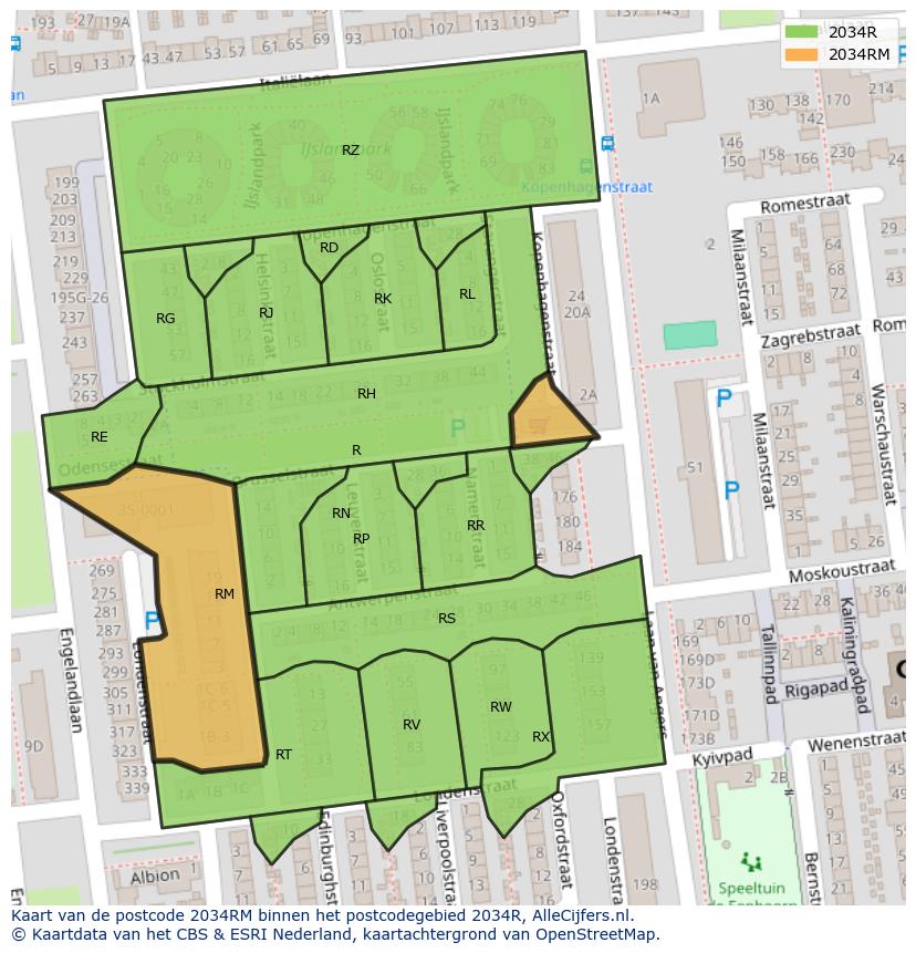 Afbeelding van het postcodegebied 2034 RM op de kaart.