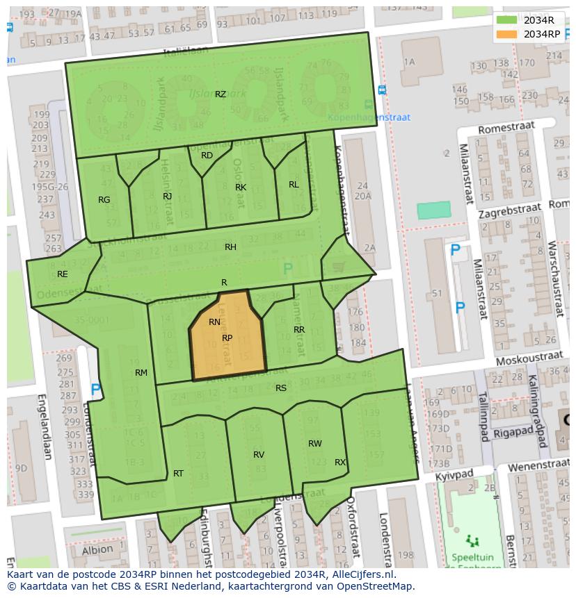 Afbeelding van het postcodegebied 2034 RP op de kaart.