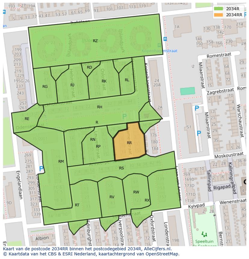 Afbeelding van het postcodegebied 2034 RR op de kaart.