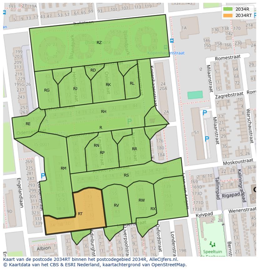 Afbeelding van het postcodegebied 2034 RT op de kaart.