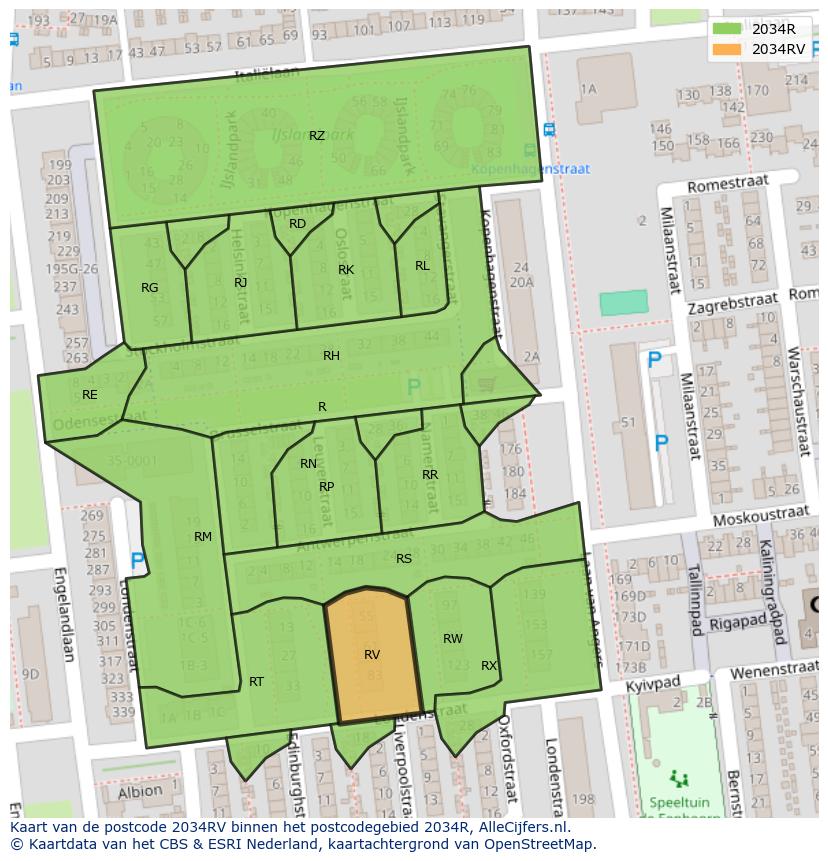 Afbeelding van het postcodegebied 2034 RV op de kaart.