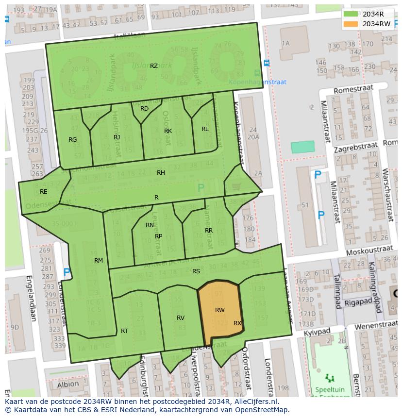 Afbeelding van het postcodegebied 2034 RW op de kaart.