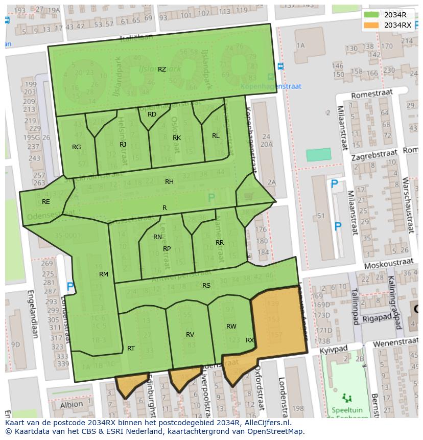 Afbeelding van het postcodegebied 2034 RX op de kaart.
