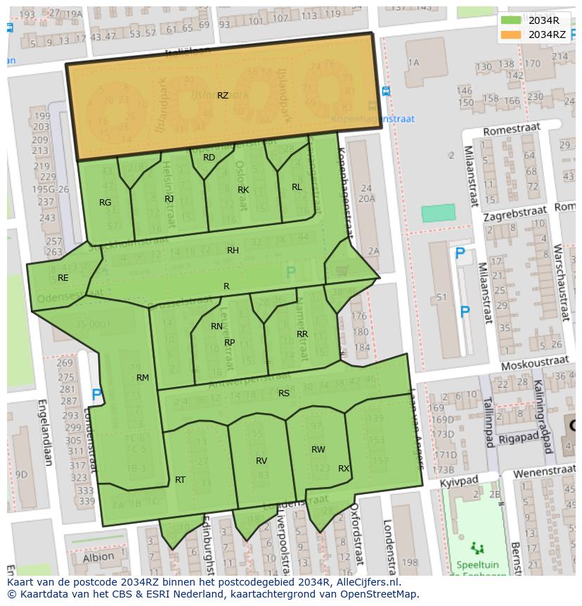 Afbeelding van het postcodegebied 2034 RZ op de kaart.